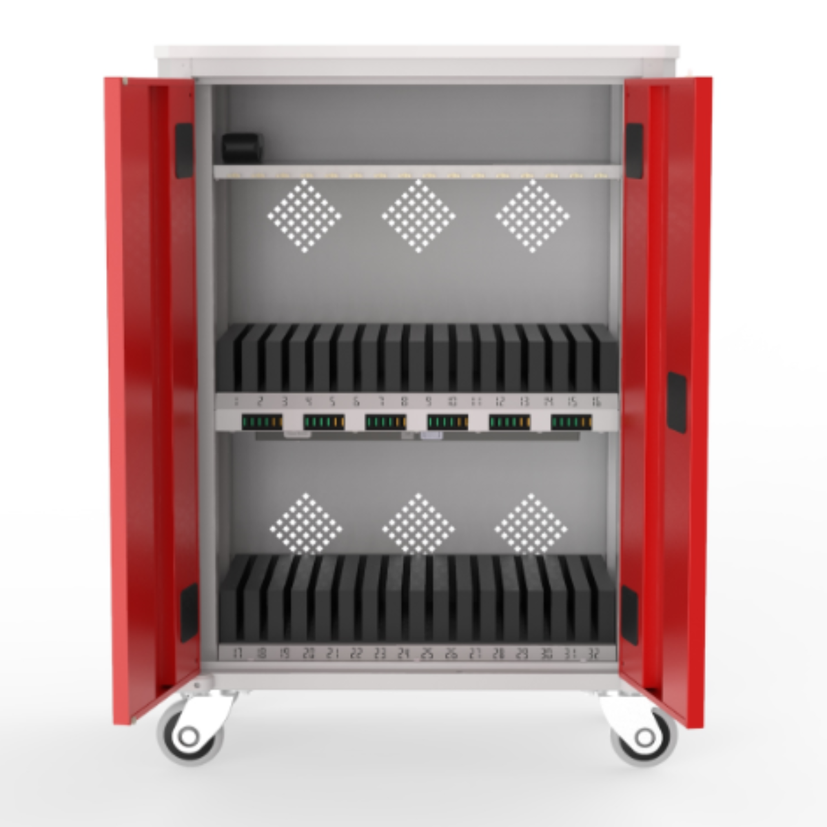 WNT-33Q-QR-TABLET-TROLLEY-red-open-2 Метална количка за таблети с вградено захранване WNT 33 Q - Image 1